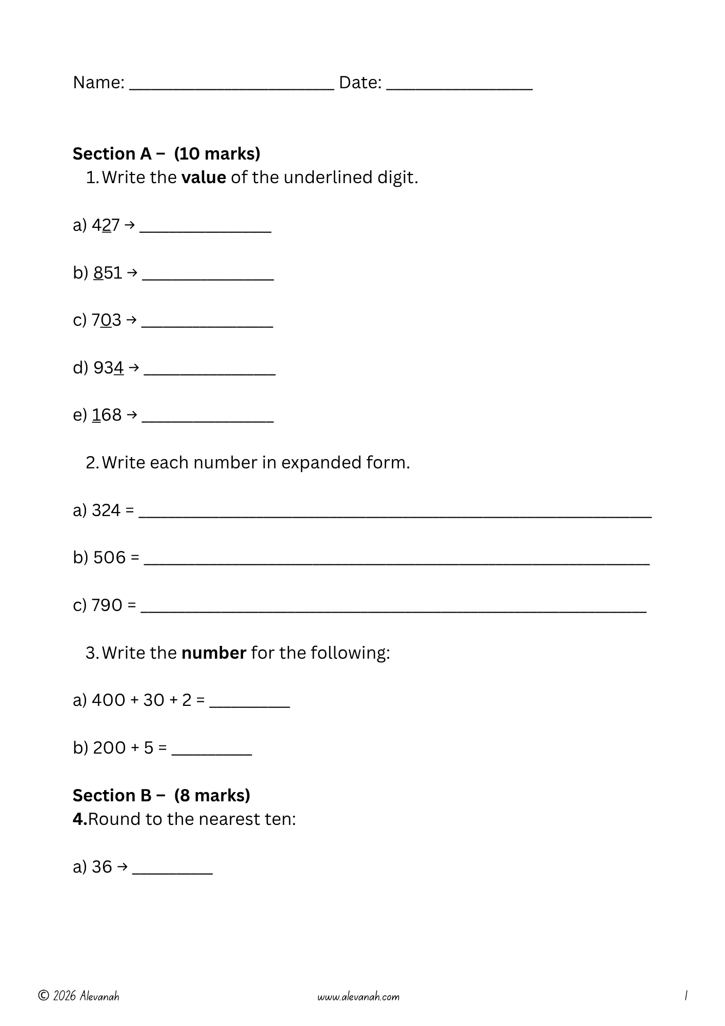 Standard 2 Mathematics - Weekly Practice Test 1